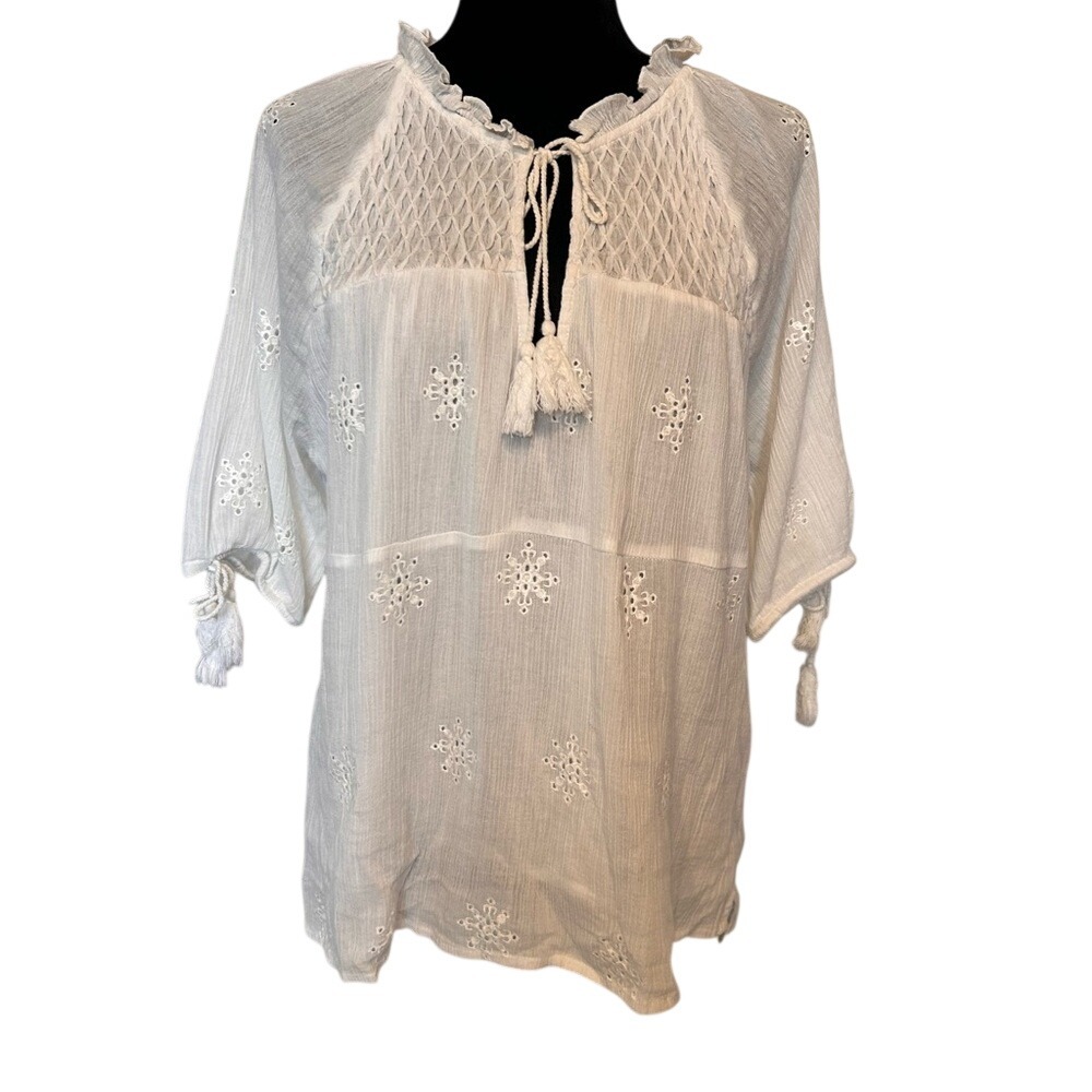 Reba White‎ Textured Lined Blouse with Tassels Boho Country Blouse Size XL